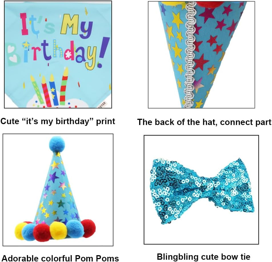 Dog Birthday Bandana Scarf and Blue Boy Pet Birthday Party Hat with Cute Bow Tie for Medium Large Dog Pet (Large)
